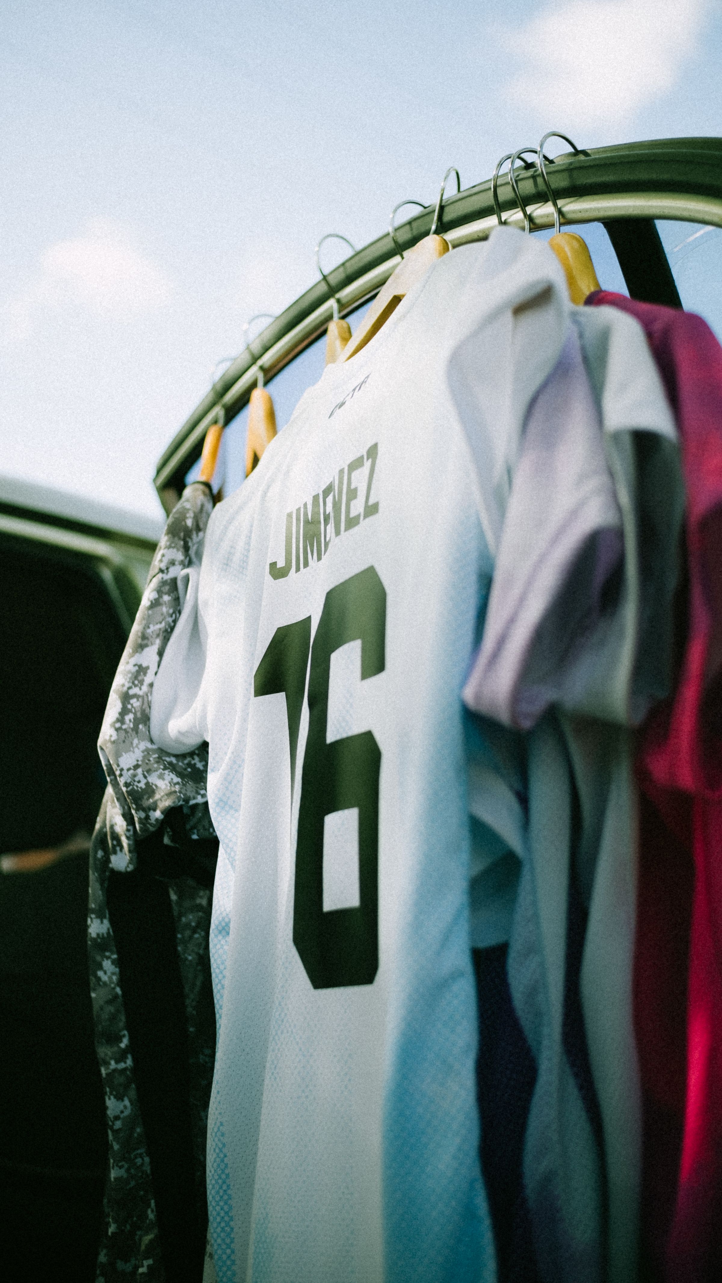 Football jerseys hanging together as part of match-day culture